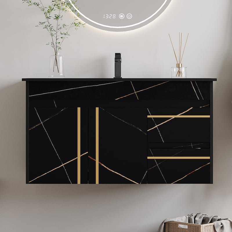 Floating Bathroom Vanity with Undermount Sink and Faux Marble Top, Wall-Mounted Storage Cabinet with Adjustable Drain Pipe - Black