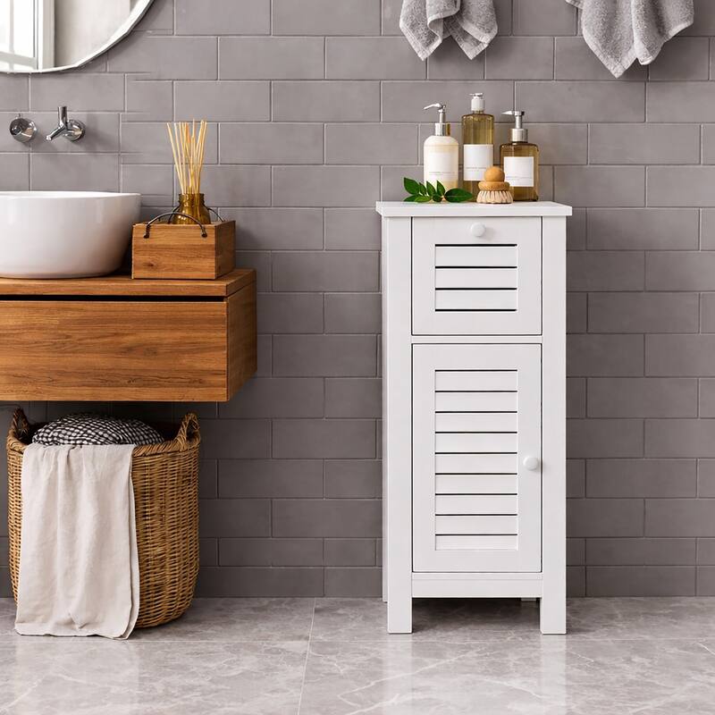 Santorin Compact White Bathroom Storage Cabinet with Drawer and Vented Door - 14.7"L x 11.13"W x 32.12"H
