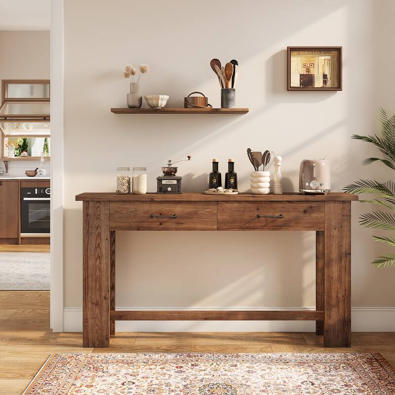 63" Solid Wood Console Table, Entryway Table with Storage - Brown