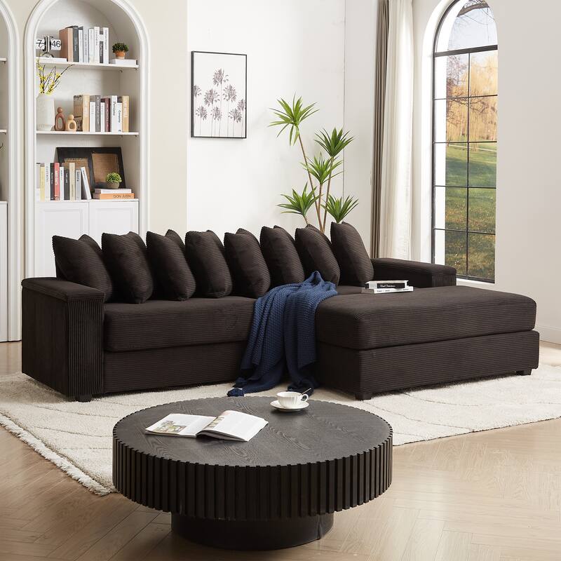 L-shaped Sectional Sofa with Chaise Corduroy Upholstered Couch with Reversible Ottoman, 2 Storage Armrests and 8 Pillows