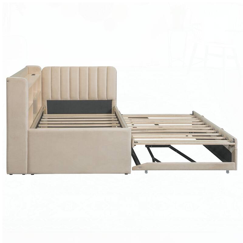 Upholstered Daybed with Trundle and Storage Shelves