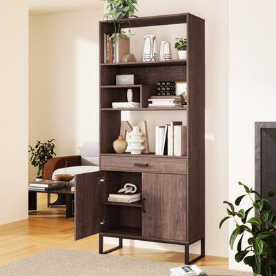 Bookcase with Storage drawer and LED Strip Lights,Free Standing Display Rack,Modern Open Bookshelf with Doors