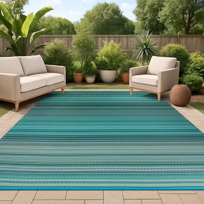 Contemporary Stripe Reversible Plastic Outdoor Rugs - 9' X 12'