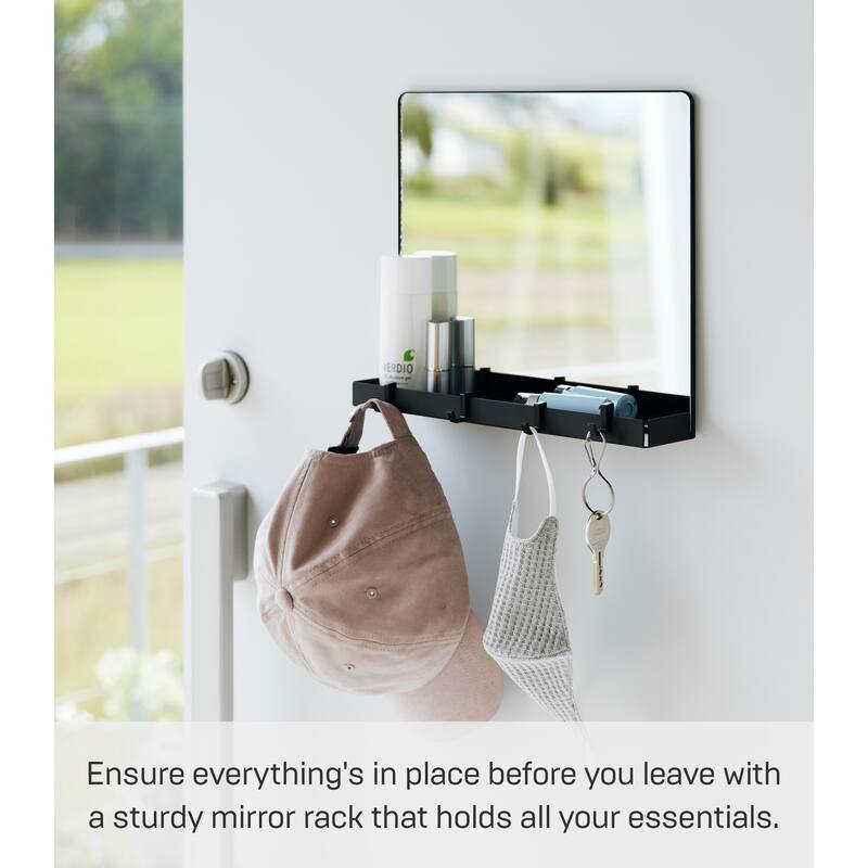 Yamazaki Home Magnetic Mirror with Storage Rack, Glass, Holds 5.5 lbs - L 2.64 x W 11.81 x H 10.24 inches