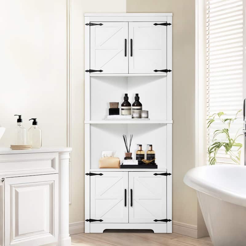68" White Corner Storage Cabinet with 6 Adjustable Shelves and 4 Wooden Doors - 27"L x 14.2"W x 67.3"H