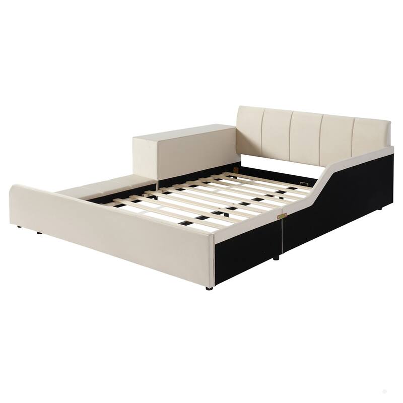 Upholstered Grounded Bed Mother & Child Bed with Bedside Desk and Little Round Stool