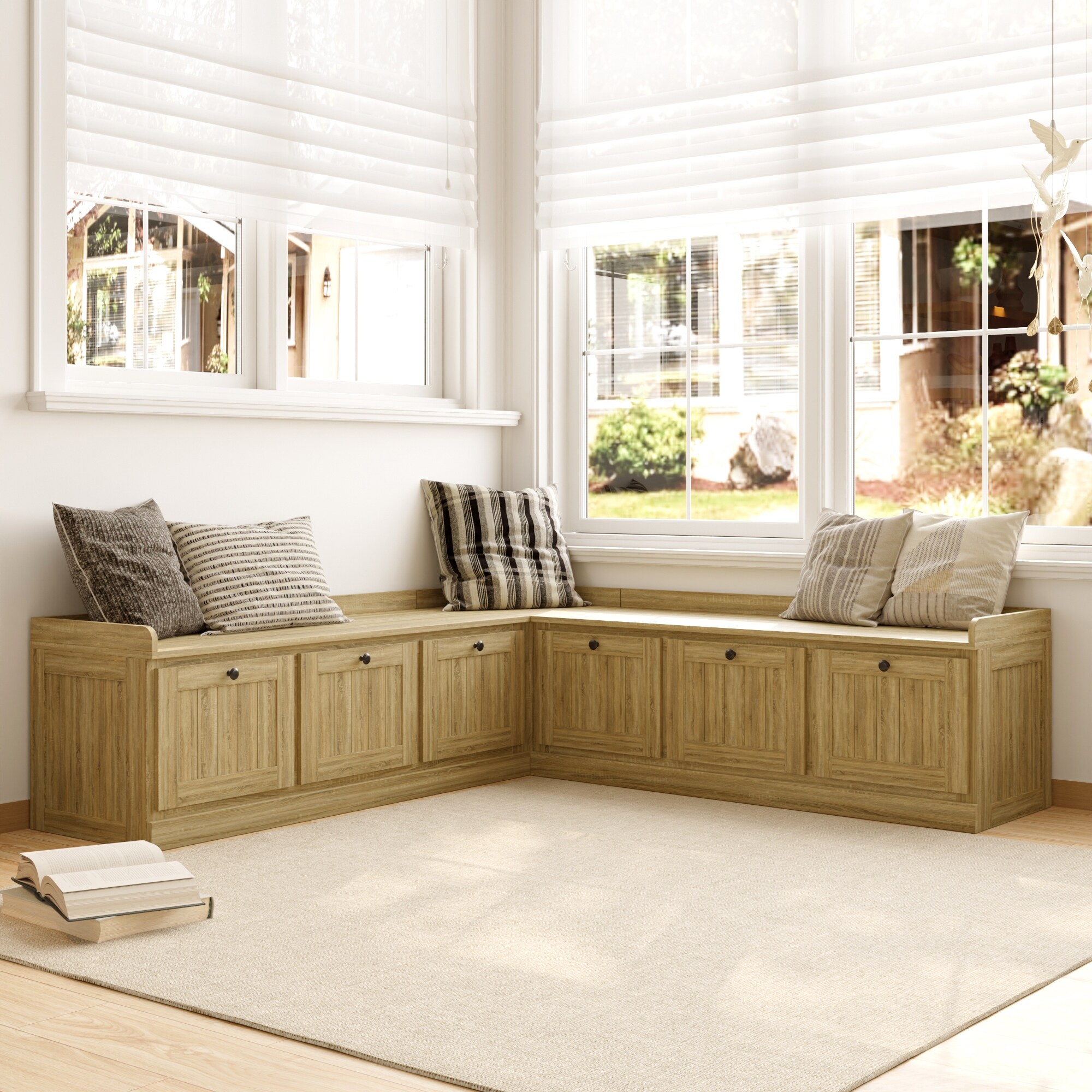 Corner Storage Bench with Lift-Top Seats, Faux Drawer Fronts, Oak