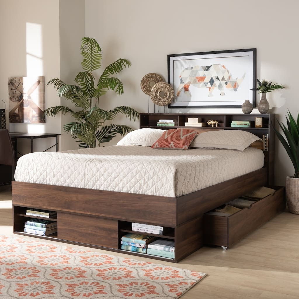 Queen Size Storage Platform Bed - Wood Bed Frame with Drawer & Shelves - Modern Bedroom Furniture