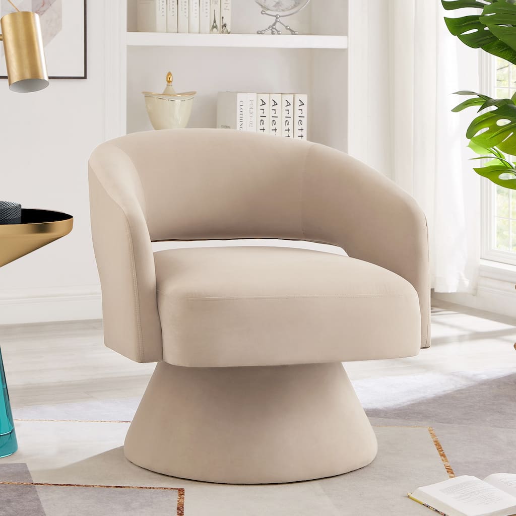 Taupe Modern 27.5" Upholstered 360° Swivel Barrel Chair with Open Backrest and Solid Wood Frame