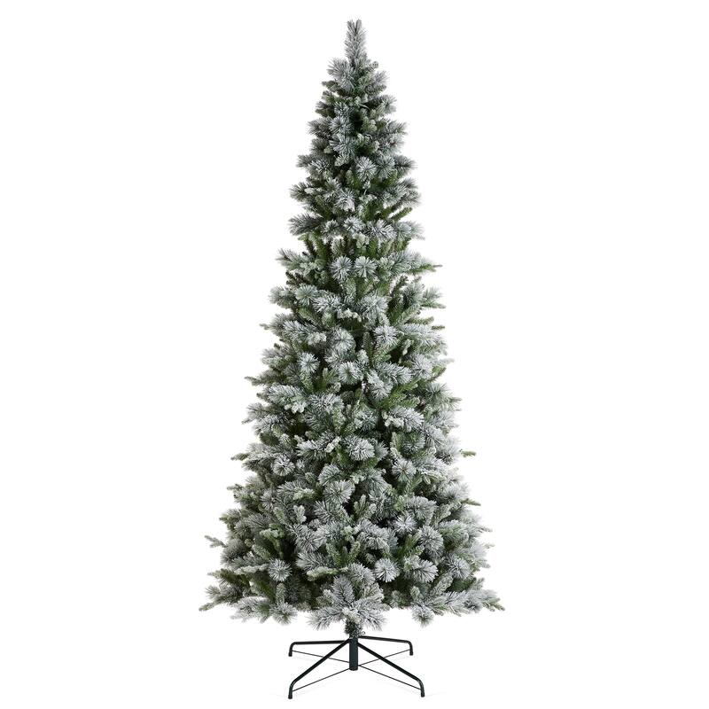 Glitzhome 7.5ft/9ft/11ft Pre-Lit Flocked Slim Pine Artificial Christmas Tree w/ Foot Pedal & Remote Control