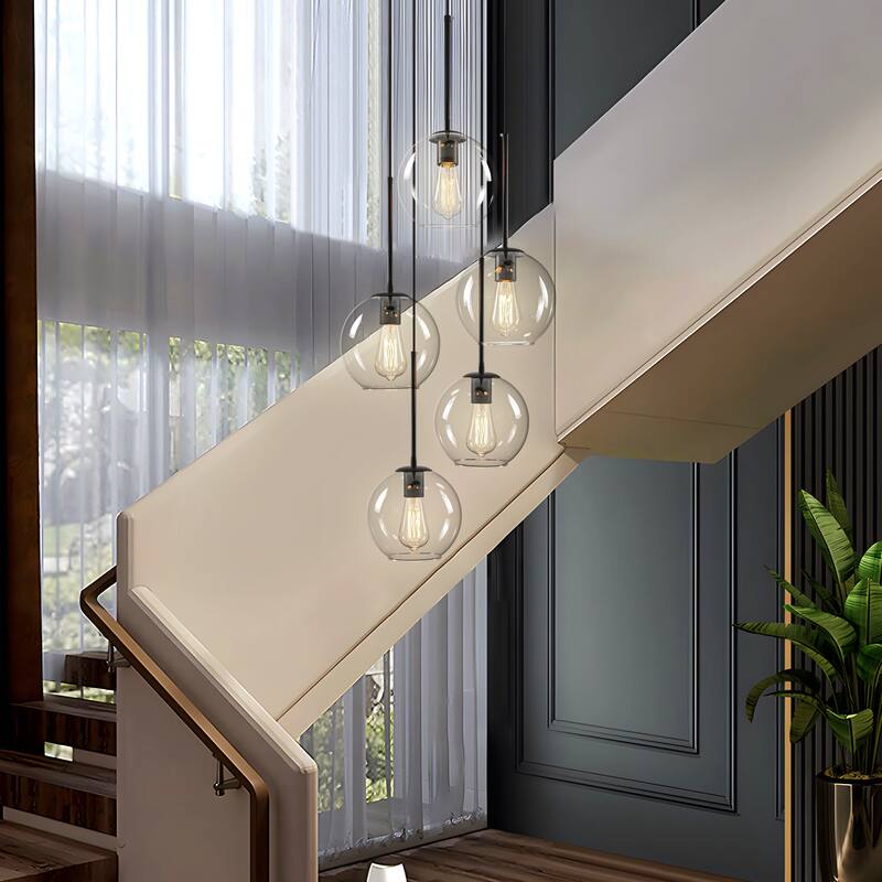 Starsky Modern 3-Light Clear Glass Chandelier Cluster Adjustable Height Pendant Lights for Kitchen Dining Room - Same-Size Clear Glass - 5-Light