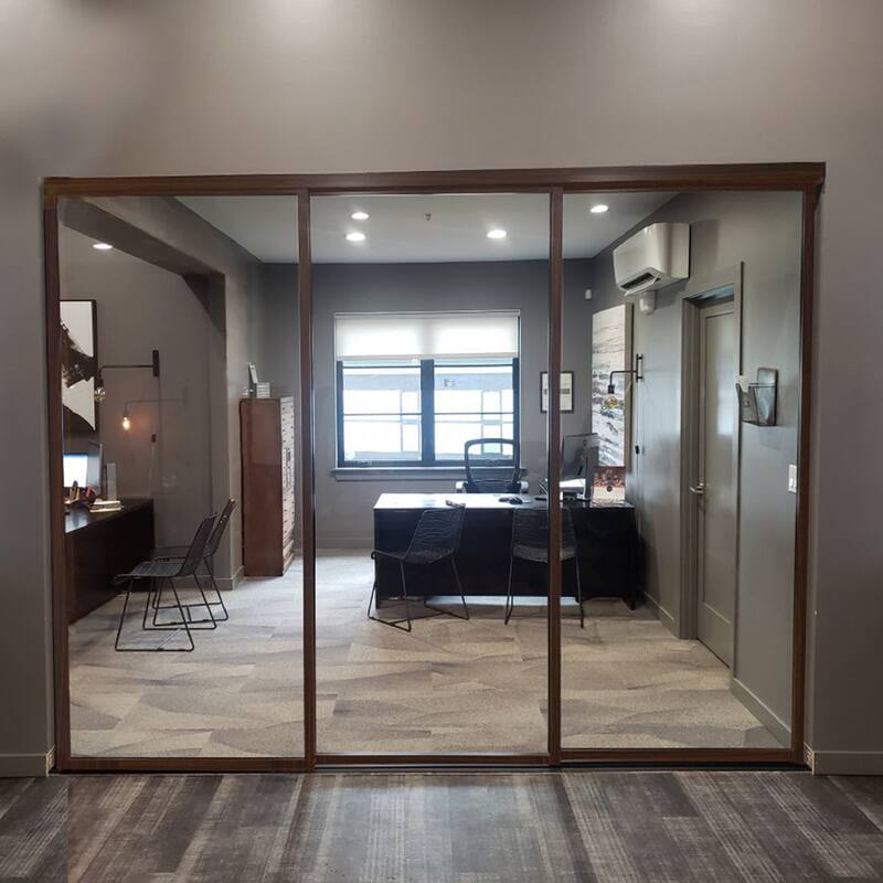 THE SLIDING DOOR COMPANY 3 Panel, Sliding Room Divider, Clear Glass and Aluminum Frame on triple track. - 120" Width X 96" Height - Walnut