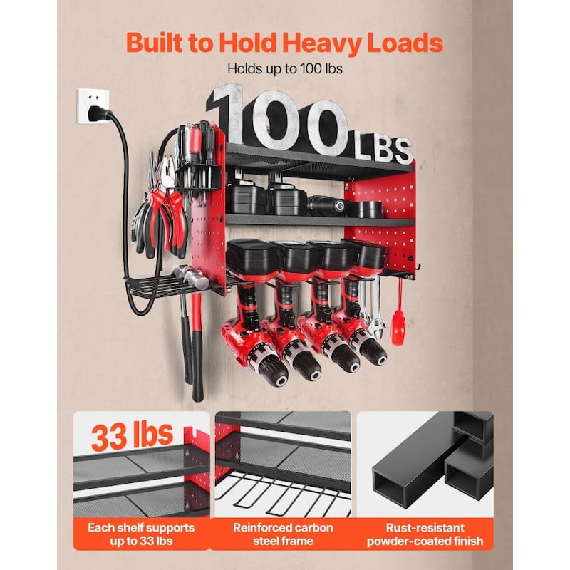 3-Tier Wall Hanging Tool Rack with Built-In 8-Outlet Power Strip and Adjustable Middle Shelf - 23.31 x 8.66 x 12.01 in