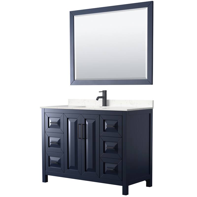 Daria 48 Inch Single Vanity, Cultured Marble Top, 46 Inch Mirror - Dark Blue, Black Trim, Carrara Cultured Marble Top