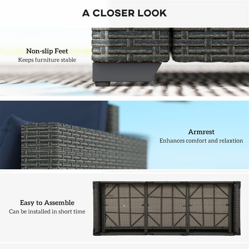 Navy Blue 3-Seat Outdoor Rattan Sofa with Cushions and Galvanized Steel Frame Perfect for Terrace - 78.7" W x 28.7" D x 28.3" H