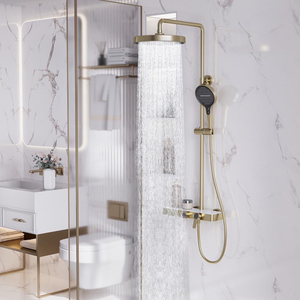 Exposed Shower System with 11" Rain Head, 3-Setting Handheld on Slide Bar & Waterfall Tub Spout, Solid Brass Valve