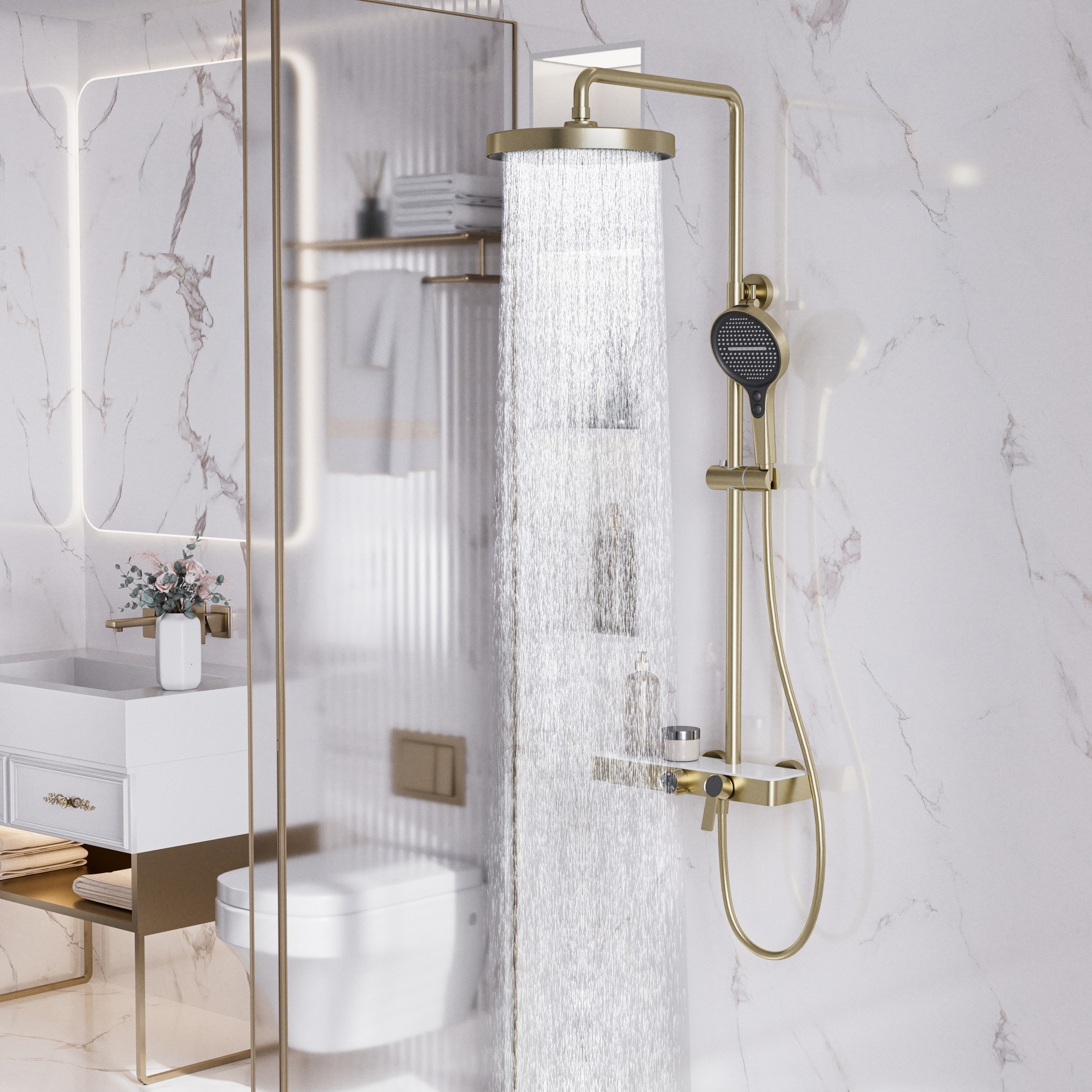 Exposed Shower System with 11" Rain Head, 3-Setting Handheld on Slide Bar & Waterfall Tub Spout, Solid Brass Valve