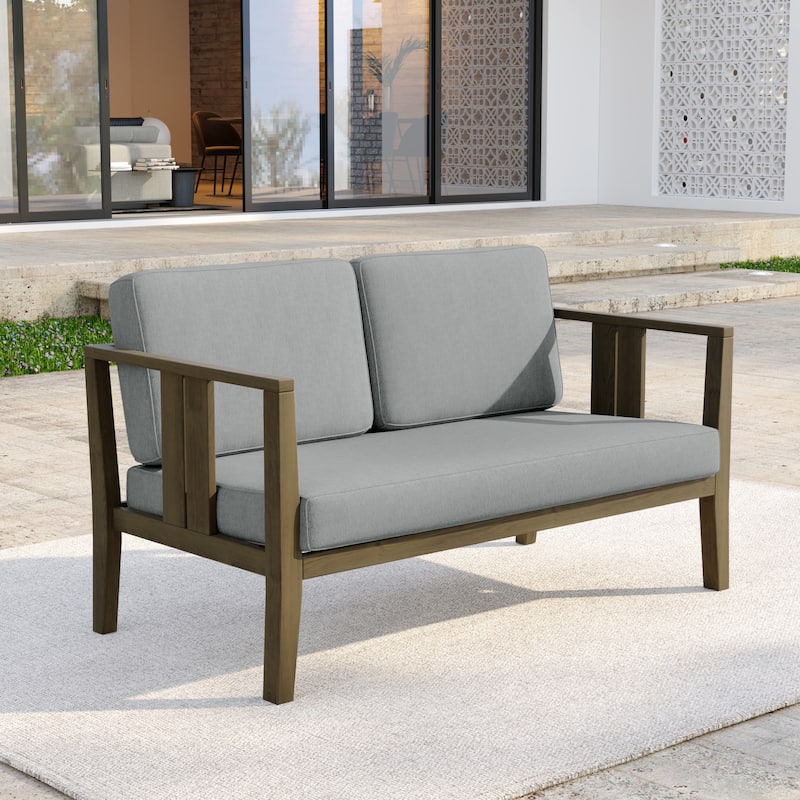 Casual Teak Wood Outdoor Patio Loveseat with Cushions