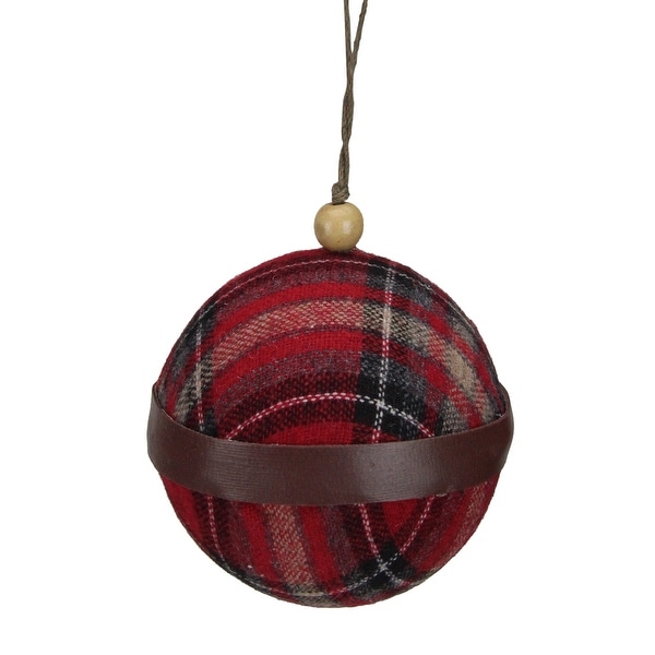 4" Red And Black Plaid Fabric With A Brown Strip Christmas Ball Ornament. Opens flyout.