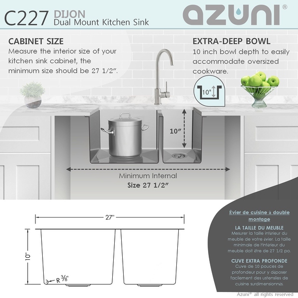 小物 d.a.i AZUNI 27 inches L x 18 inches W Double Bowl 60/40 Dual Mount