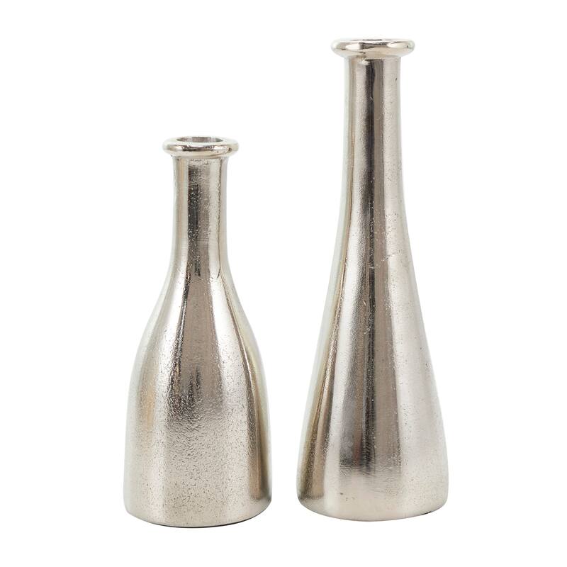 Silver Aluminum Metal Candle Holder with Varying Shapes (Set of 2)