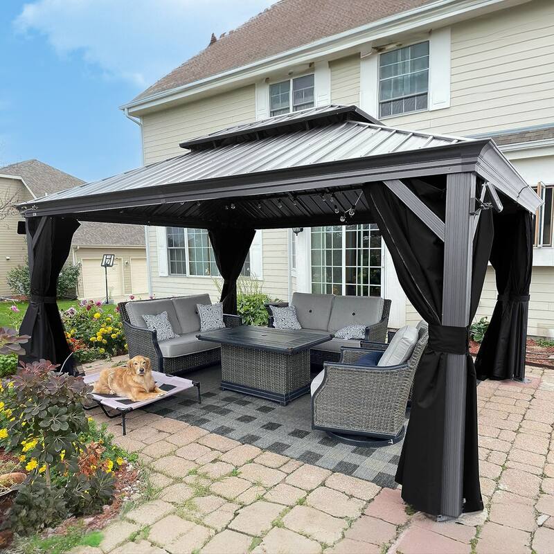 PURPLE LEAF Patio Gazebo for Backyard Hardtop Galvanized Steel Frame with Upgrade Curtain - Light Grey