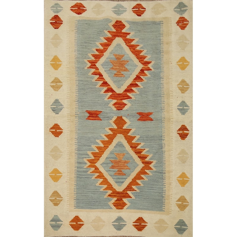 Hand Woven Oriental 100% Wool Carpet Southwestern Tribal Navy Blue & Blues Kilim Area Rug - 4' 9'' X 3' 2''
