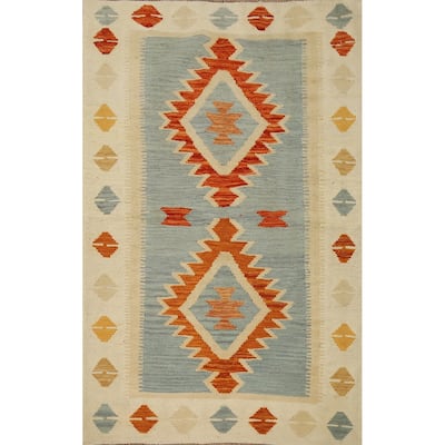 Hand Woven Oriental 100% Wool Carpet Southwestern Tribal Navy Blue & Blues Kilim Area Rug - 4' 9'' X 3' 2''