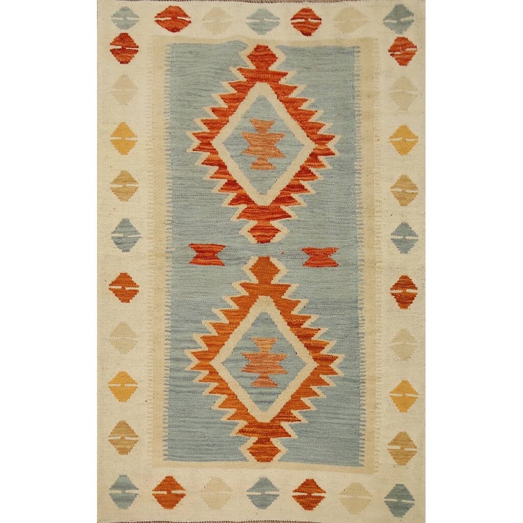 Hand Woven Oriental 100% Wool Carpet Southwestern Tribal Navy Blue & Blues Kilim Area Rug - 4' 9'' X 3' 2''