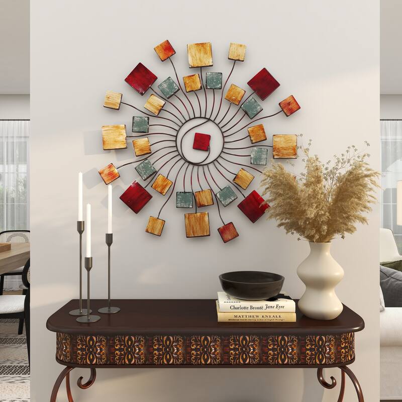Multi Colored Metal Wire Sunburst Home Wall Decor with Square Shaped Accents