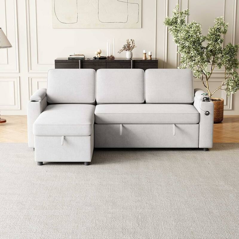 85.8" Upholstery Sleeper Sectional Sofa Pull Out Sofa Bed with Storage Space