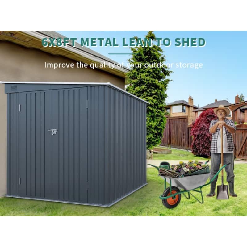 6x8FT Galvanized Steel Lean to Shed，Outdoor Storage Shed with Lockable Double Doors