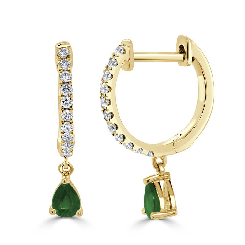 Joelle Collection Gemstone & Diamond Dangle Hoop Earrings 14K Gold Birthstone - Green - Emerald - Yellow