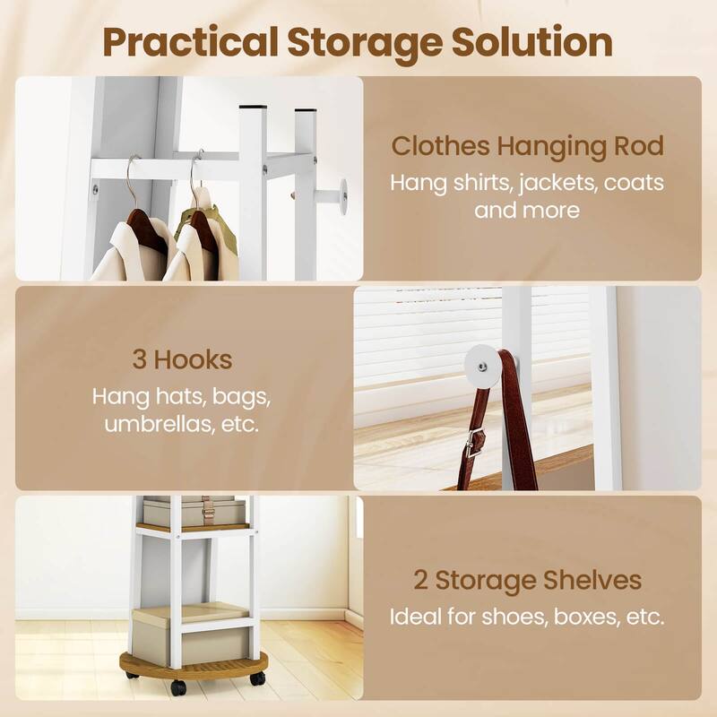 Costway Coat Rack with Full Length Mirror, 3 Hooks & Storage Shelves, - See Details