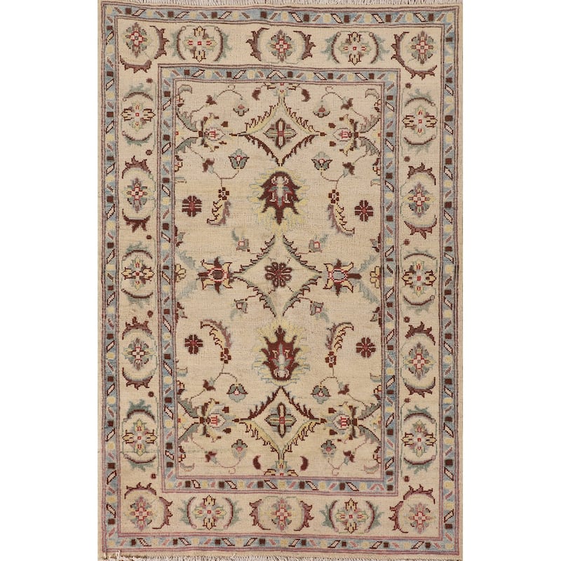 Floral Beige Kazak Oriental Accent Rug Hand-Knotted Wool Carpet - 3'3"x 5'1"