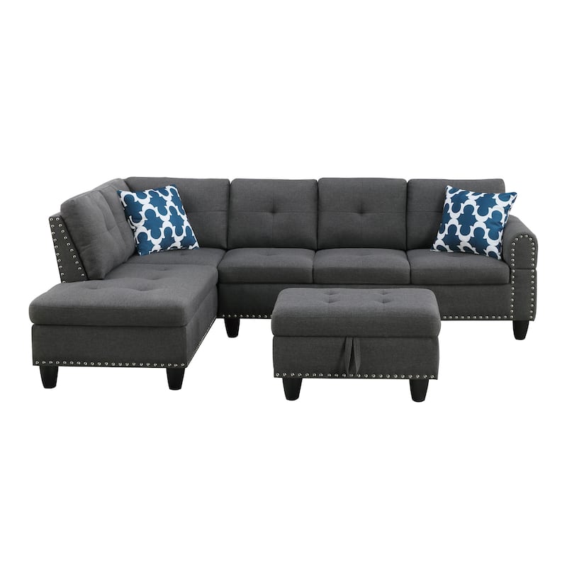 Alger 98-inch Wide Left Hand Facing Sofa with Chaise and Ottoman - 98"W x 71"D x 33"H - Dark Grey