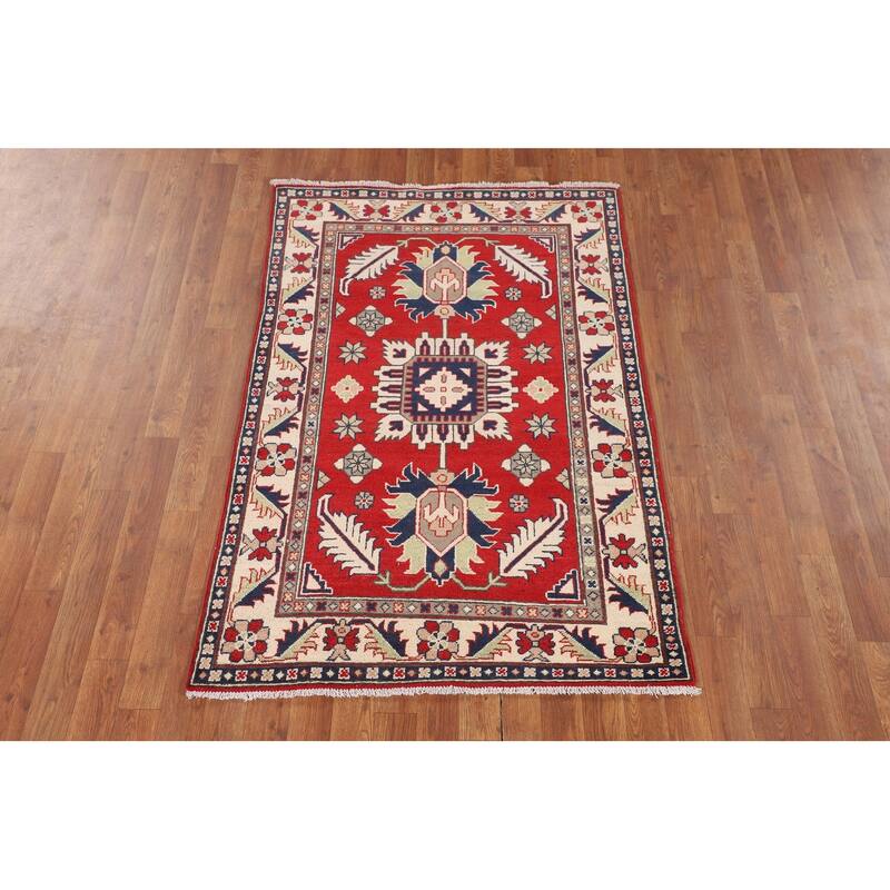Red Traditional / Geometric Kazak Accent Rug Hand-Knotted Wool Carpet - 3'4" x 5'0"