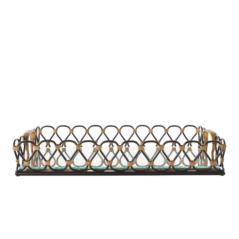 Metal Circular Woven Living Room Decor Tray with Glass Base - Black - Roche River Decor