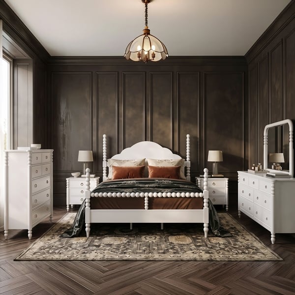 slide 2 of 27, Roundhill Furniture Avellune 4-Piece Bedroom Set: Poster Bed with Dresser, Mirror, Chest, and 2 Nightstands, White Finish King