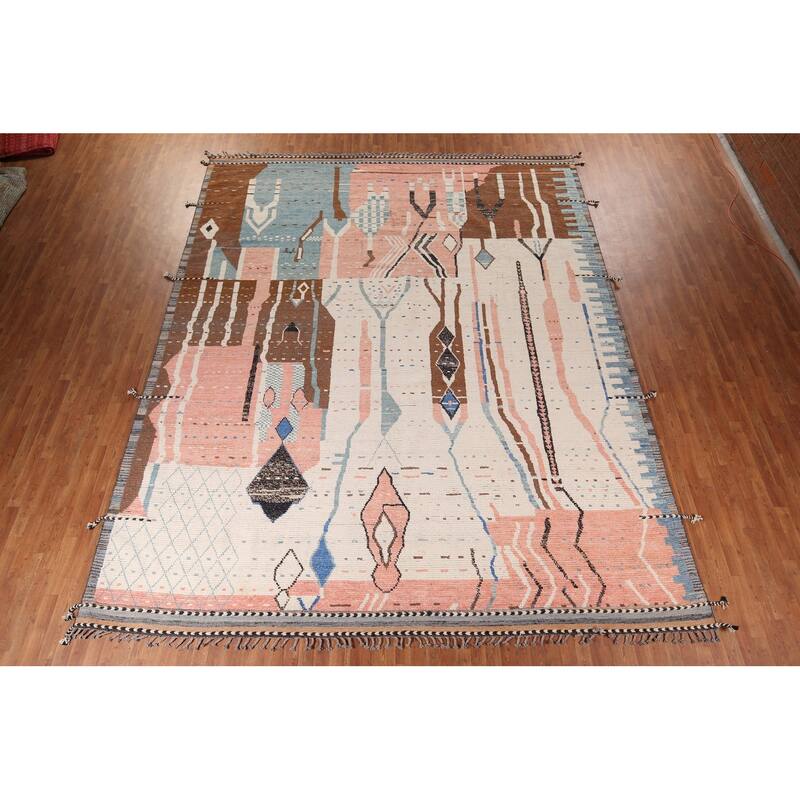 Earth Tone Moroccan Large Modern Area Rug Hand-Knotted Wool Carpet - 11'11" x 15'2"