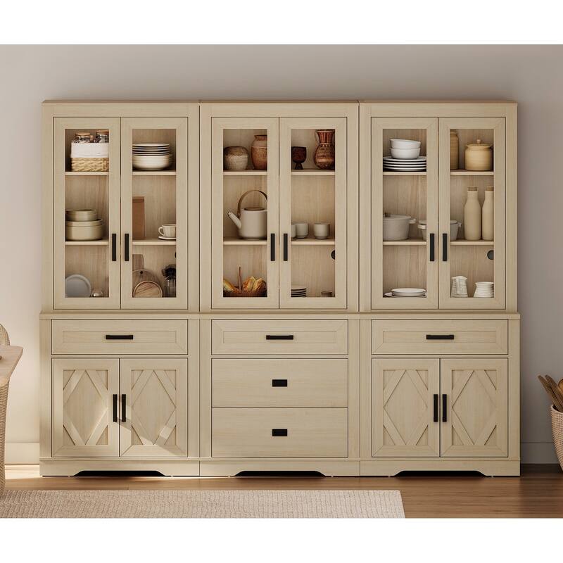 3-Column 73.3" Tall Bookshelf Set with Open Storage and Glass Doors - Beige - 3 Glass Door