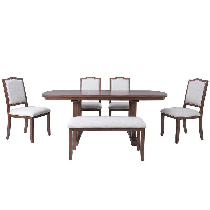 6 Piece Dining Table Set 78" Extendable Wood Dining Table Set with Removable Leaf, Kitchen Table Set with 4 Chairs, Bench