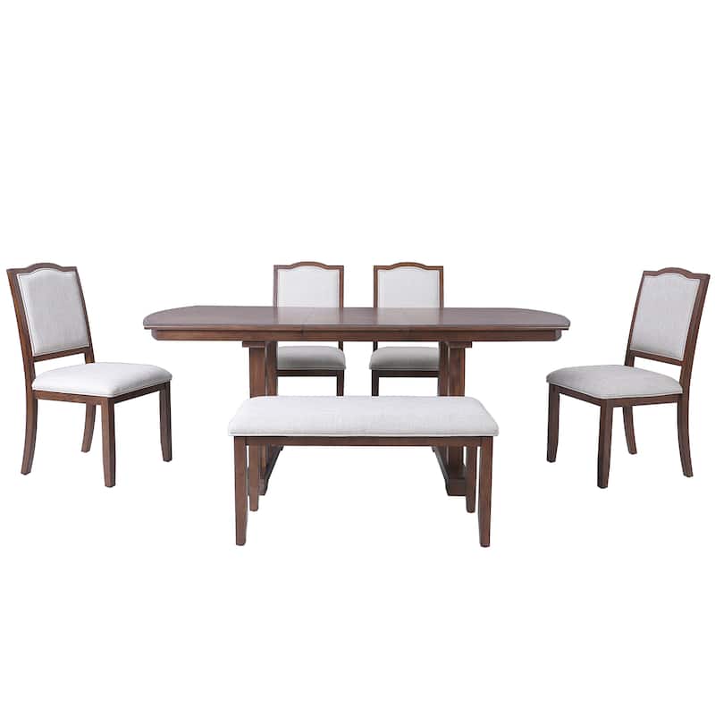 Roomfitters 6-Piece Extendable Dining Table Set, 60-78 Inch Wooden Kitchen Table with Leaf, 4 Upholstered Chairs & Bench