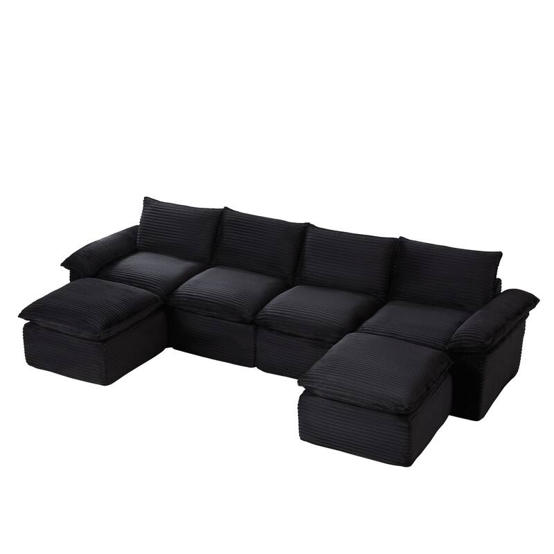 141.74" Modern Comfy Sectional Corduroy Sofa with Two Ottomans