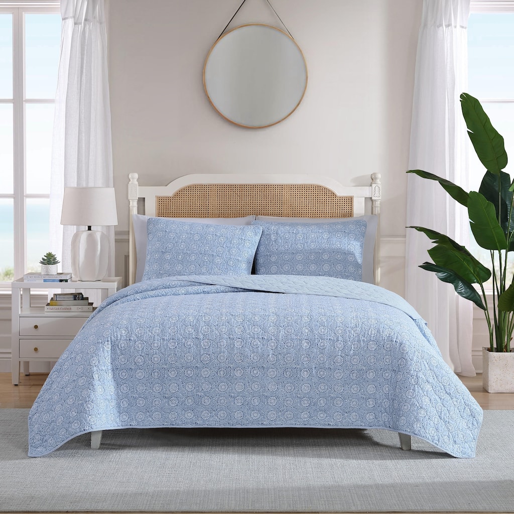 Nautica Floral Park Intricate Floral Motif Cotton Reversible Quilt (Blue, 3 Piece Set)