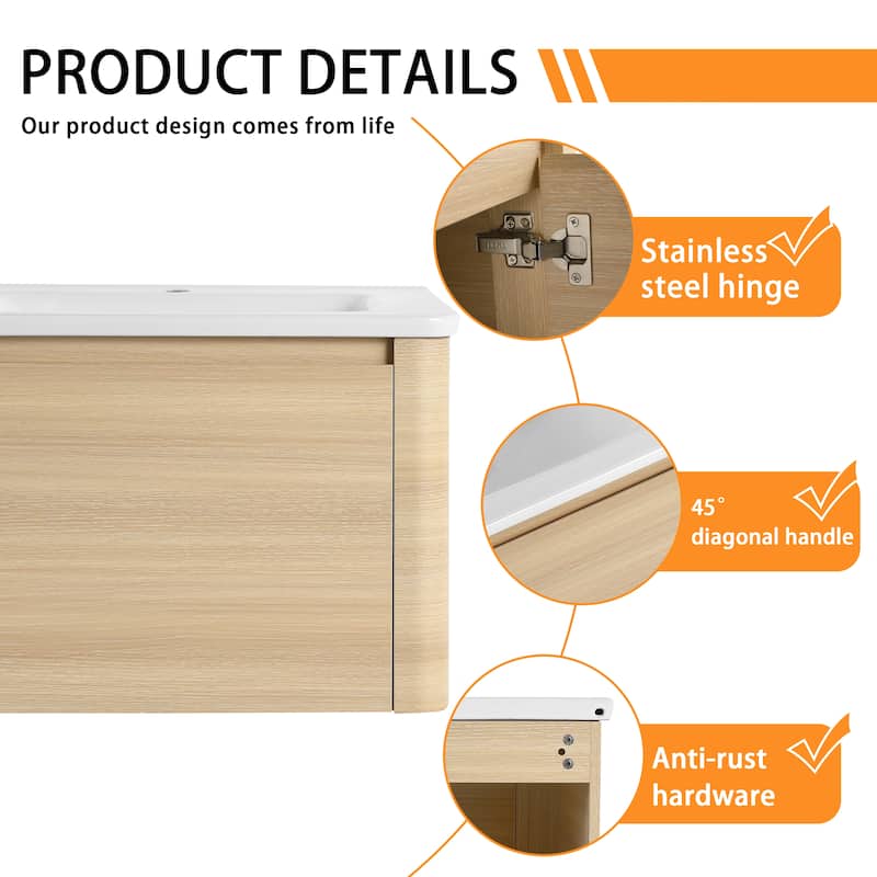 Bathroom Vanity With Sink In 24/28/36/40/60/68 Inch, Floating Bathroom Vanity With Soft Close Door