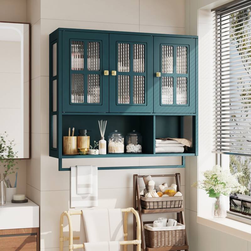 3-Door Bathroom Wall Cabinet with Glass Door, Towel Bar & Storage