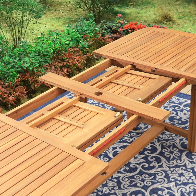 MAISON ARTS Patio Solid Acacia Wood Expandable Dining Table for 6/8 People