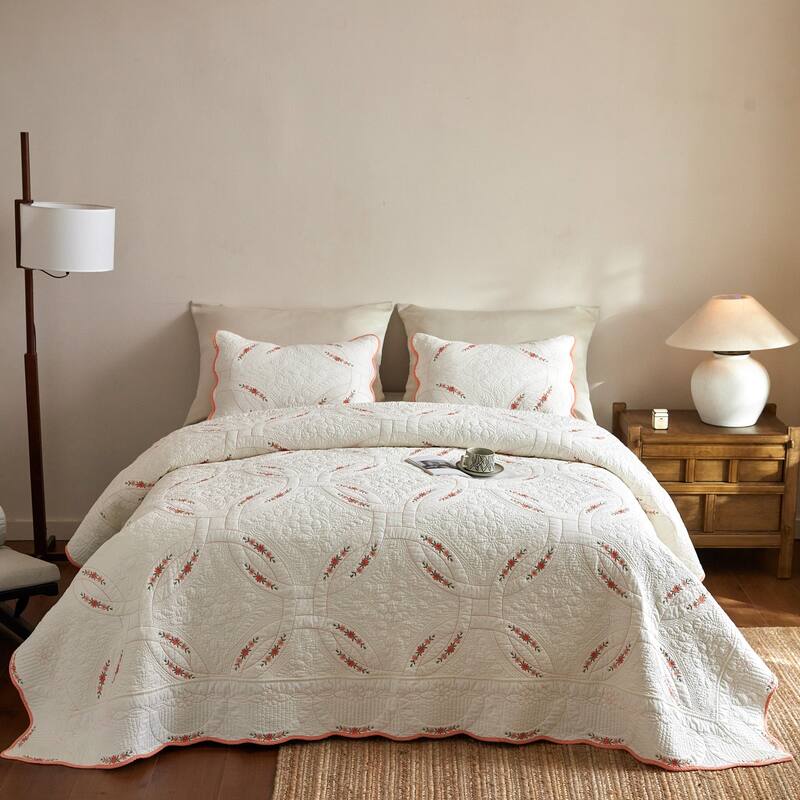 3Pcs Cotton French Country Quilt Bedspread Set Floral Embroidery - King - Ivory / Coral