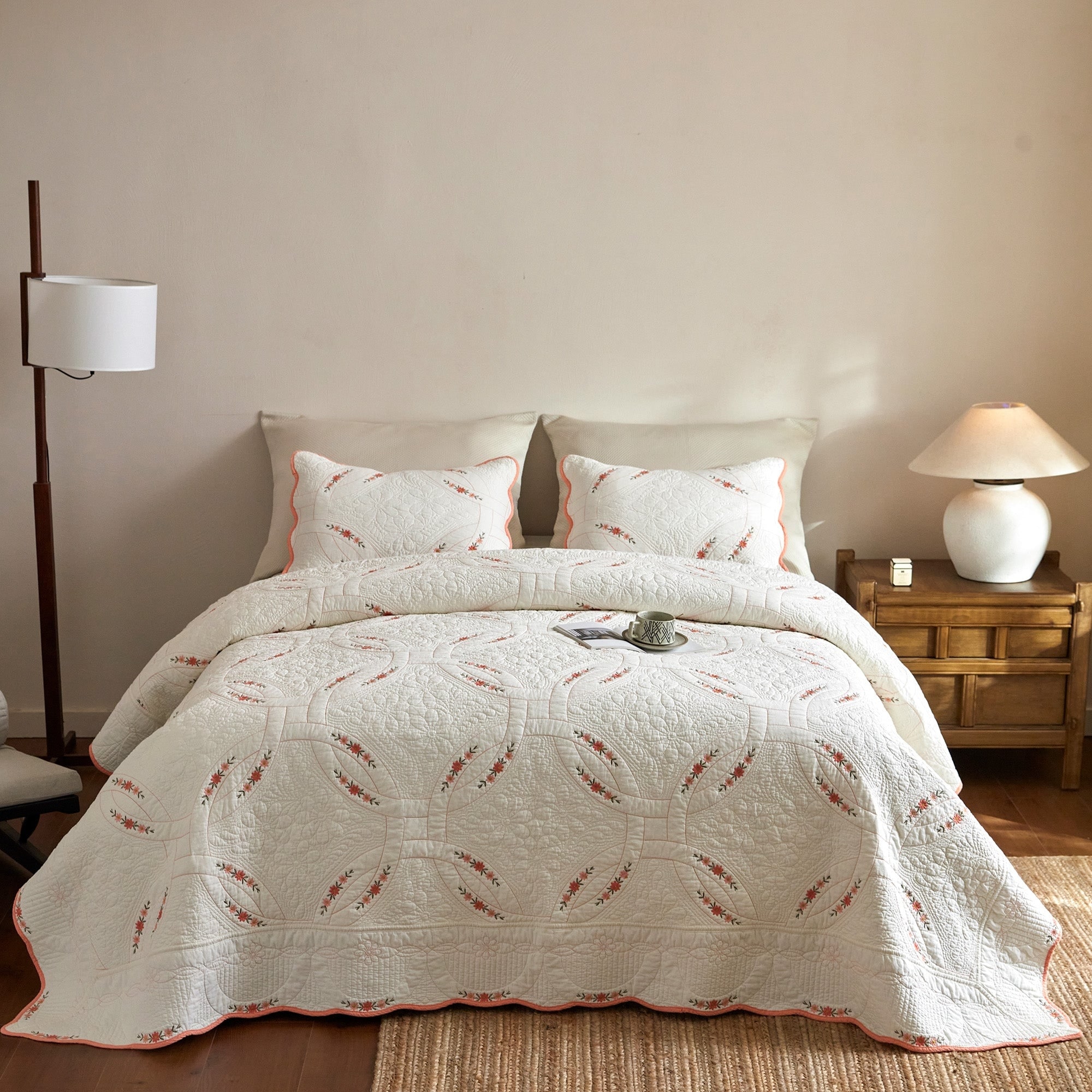 MarCielo Cotton Floral Embroidery Quilt Bedspread Set